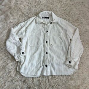 Zara Women's White Corduroy Button Up Shirt Jacket Lightweight Oversized Small